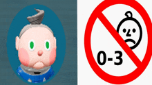 a cartoon face next to a no 0-3 sign