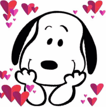 snoopy is surrounded by hearts on a white background and is smiling .