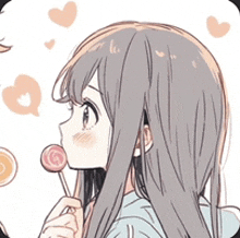 a girl is holding a lollipop in her hand and hearts are behind her .