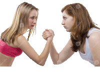 two women are arm wrestling each other with the words ' dreamstime ' on the bottom left