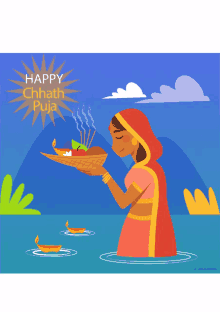 a poster for happy chhath puja with a woman in the water holding a basket