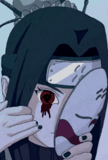 a cartoon character with a bloody eye is holding a mask