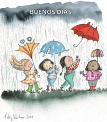 a drawing of children holding umbrellas with the words buenos dias written above them