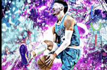 a man in a hornets jersey is holding a basketball in his hand