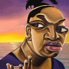 a painting of a woman making a funny face with her tongue out and a sunset in the background .