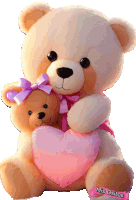 a teddy bear is holding a smaller teddy bear with a pink heart on its chest