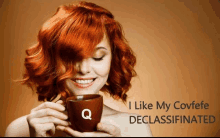 a woman with red hair is holding a cup of coffee