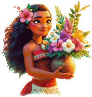 a girl with flowers in her hair is holding a vase of flowers in her hands