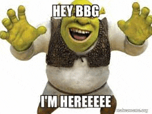 shrek from shrek is making a funny face and saying `` hey bbg i 'm hereeee '' .