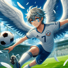 a soccer player with wings is wearing an adidas jersey