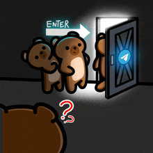 three teddy bears are standing in front of a door that says enter on it