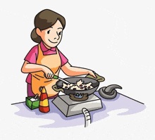 a cartoon of a woman cooking on a stove top