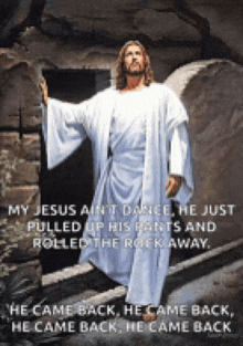 a painting of jesus standing in front of an open tomb with a quote