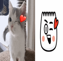 a cat with a heart on its eye and a drawing of a person with a heart