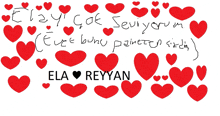 a drawing of red hearts with the name ela and reyan