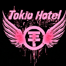 the logo for the tokio hotel has pink wings and a circle with a letter h in it .