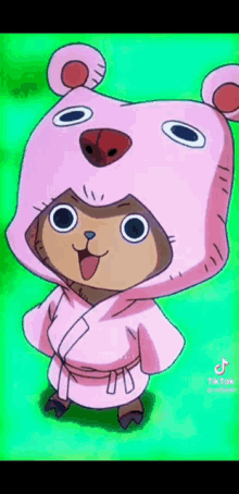 tony tony chopper from one piece is wearing a pink teddy bear costume .