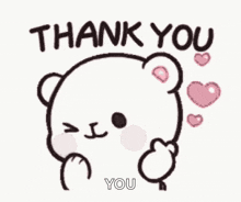 a white teddy bear is giving a thumbs up and saying thank you .