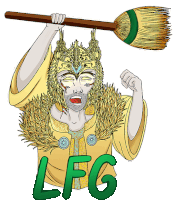 a cartoon drawing of a man holding a broom with the letters lfg above him