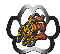 a logo for cali raised bullies has a paw print in the background