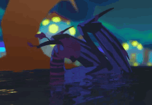 a purple and white dragon is swimming in the water at night