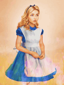 a painting of alice from alice in wonderland in a blue dress