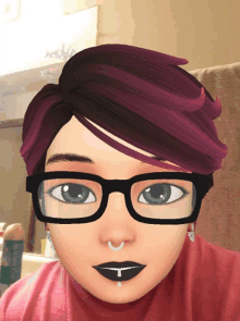 a cartoon character with glasses and purple hair looks at the camera