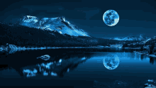 two full moons are reflected in a lake surrounded by snow covered mountains