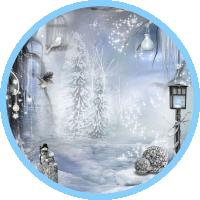 a picture of a snowy landscape with a bird in a cage and a snowman