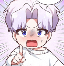 a cartoon character with purple hair and blue eyes is angry and pointing at something .