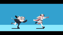 a pixel art of a cat and a girl running on a blue background