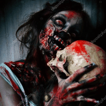 a woman with blood on her face is holding a skull in her hands