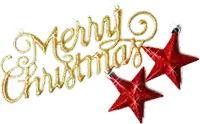 a gold merry christmas sign with two red stars on a white background