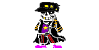 a pixel art of a skeleton wearing a hat and a purple star .