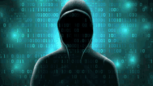 a silhouette of a person in a hoodie with a binary background