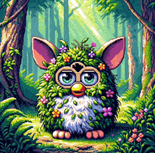 a pixel art drawing of a furby covered in leaves and flowers