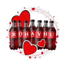 a row of coca cola bottles with the name rohayhu written on them