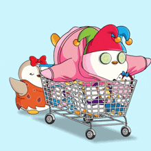 two penguins are pushing a shopping cart with one wearing a pink jester hat