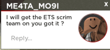 a message from me4ta_m091 asking if he will get the ets scrum team on you got it