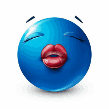 a blue smiley face is blowing a kiss with red lips