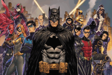 a group of comic book characters including batman and robin stand together