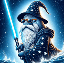 a wizard with sunglasses and a beard is holding a light saber .