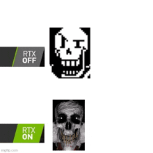 a pixel art of a skull with a rtx off and rtx on sign next to it