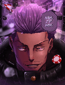 a drawing of a man with purple hair says nah id win