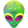 a green alien head with purple eyes and a smile on it 's face .