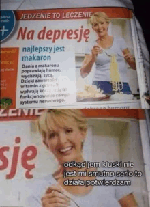 a newspaper with a picture of a woman eating noodles