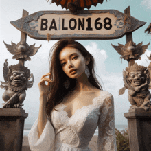 a woman in front of a sign that says bailon168