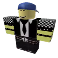 a roblox character wearing a suit and tie with a blue hat