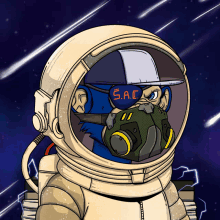 a cartoon drawing of an astronaut with s.a.c. written on his hat