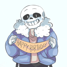 a cartoon drawing of sans holding a happy birthday banner